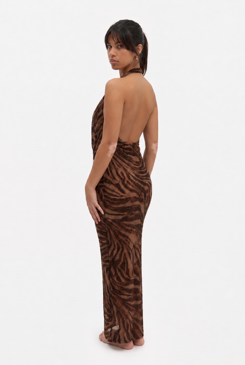 Brown Animal Print Halter Maxi Dress