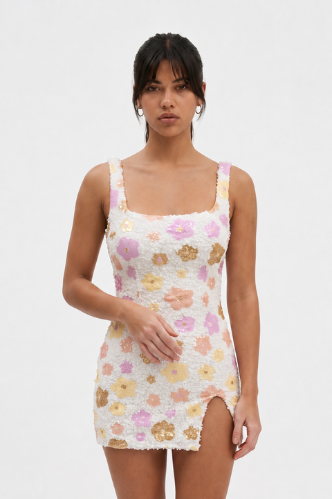 Pastel Bloom Shimmer Mini Dress