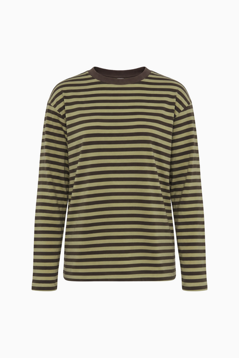 Pink and Brown Striped Long-Sleeve Crewneck Top