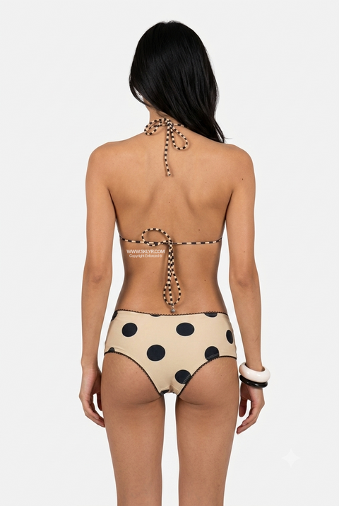 Beige Polka Dot Triangle Top and Lace-Up Boyshort Bikini