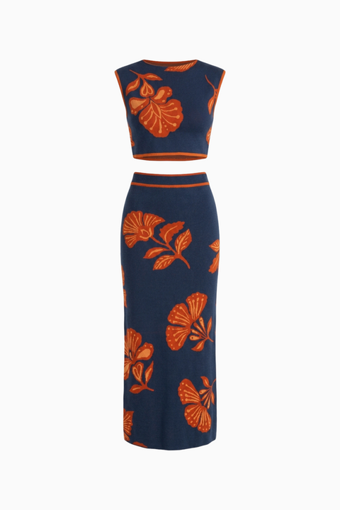 Blue Floral Crop & Skirt Set