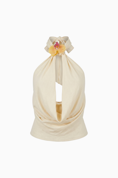 Cream Cowl-Neck Halter Top