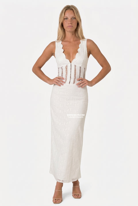 White Deep-V Structured Corset Maxi Dress