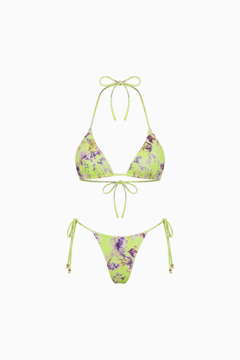 Neon Green and Purple Floral String Bikini