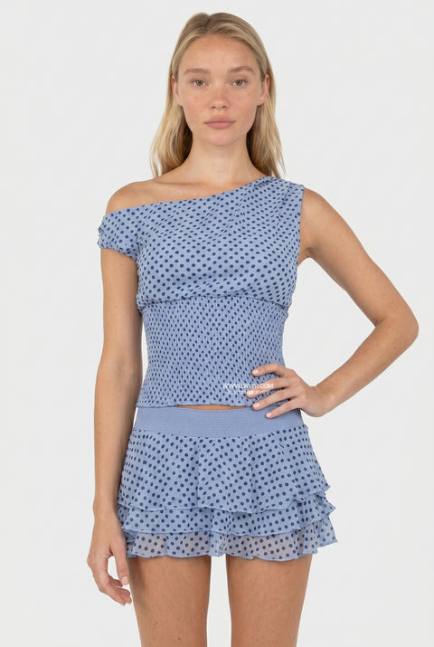 Blue Polka Dot One-Shoulder Tiered Set