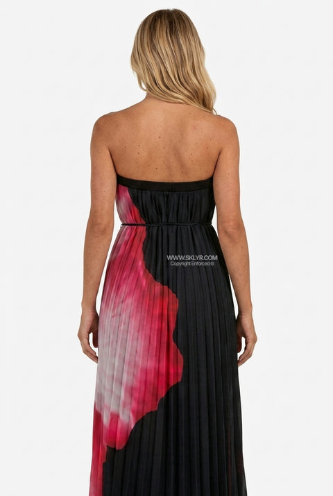 Pleated Hibiscus Bandeau Maxi Dress