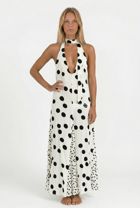 White Polka Dot Halter Maxi Dress