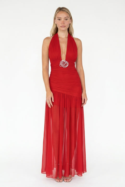 Red Plunging Halter Ruched Maxi Dress