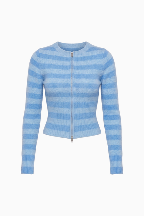 Blue Striped Fuzzy Knit Zip Cardigan