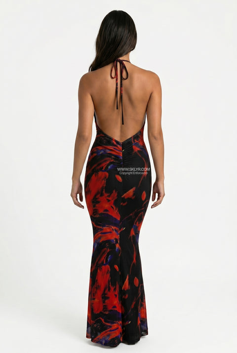 Black Lace And Red Abstract Maxi Dress