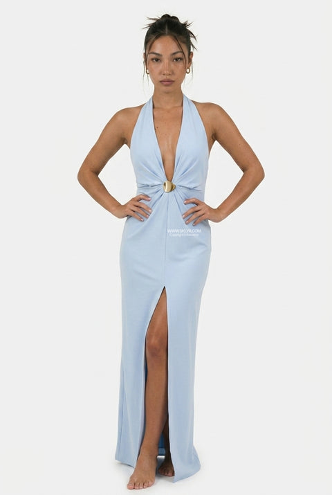 Light Blue Halter Neck Maxi Dress with Front Slit