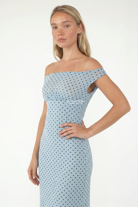 Baby Blue Ruched Bardot Polka Dot Long Dress