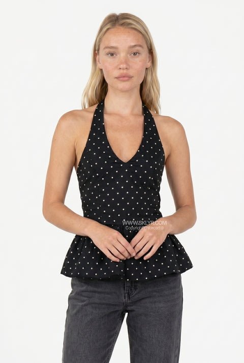 Black Polka Dot Halter Peplum Top