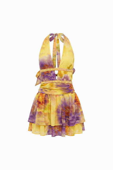 Vibrant Sunset Print Halter Cutout Mini Dress
