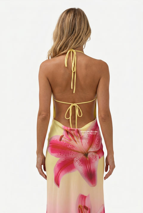 Ombre Lily Print Halter Dress