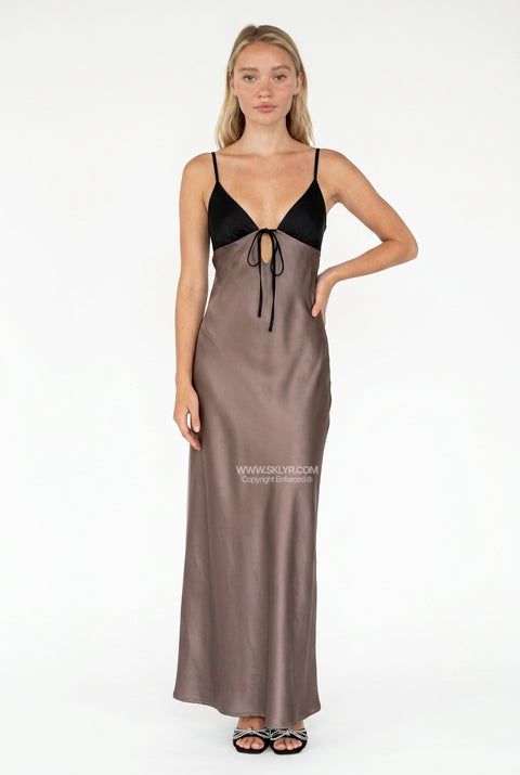 Warm Taupe Satin Slip Maxi Dress