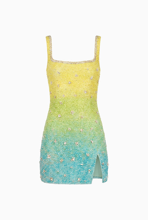 Yellow & Teal Ombre Embellished Mini Dress