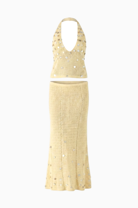Cream Embellished Knit Two-Piece Set