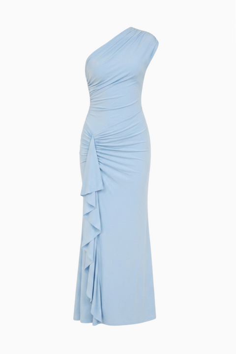 Sky Blue One-Shoulder Ruched Dress