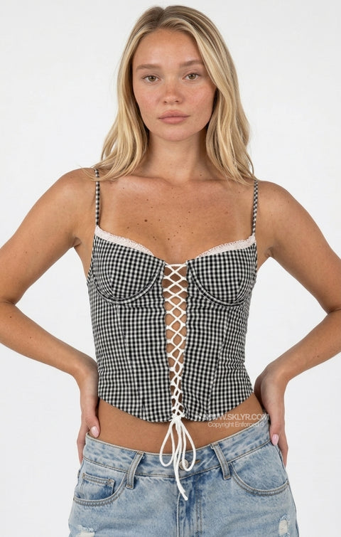 Black & White Gingham Lace-up Corset Top