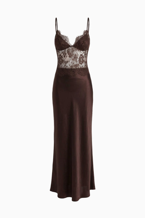 Brown Lace Bodice Satin Maxi Dress