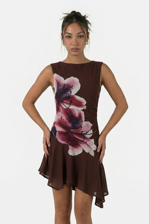 Chocolate Hibiscus Asymmetrical Ruffle Midi Dress