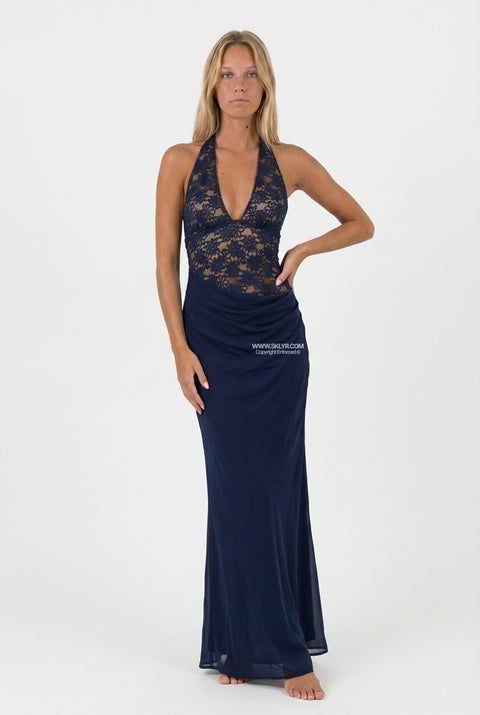 Navy Lace Bodice Halter Maxi Dress