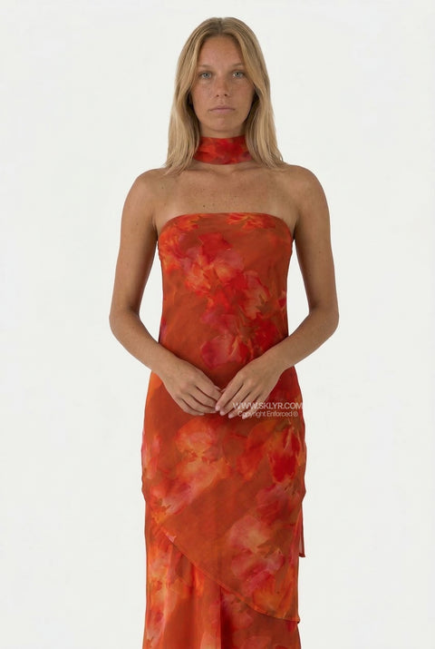 Burnt Orange Satin Maxi Dress