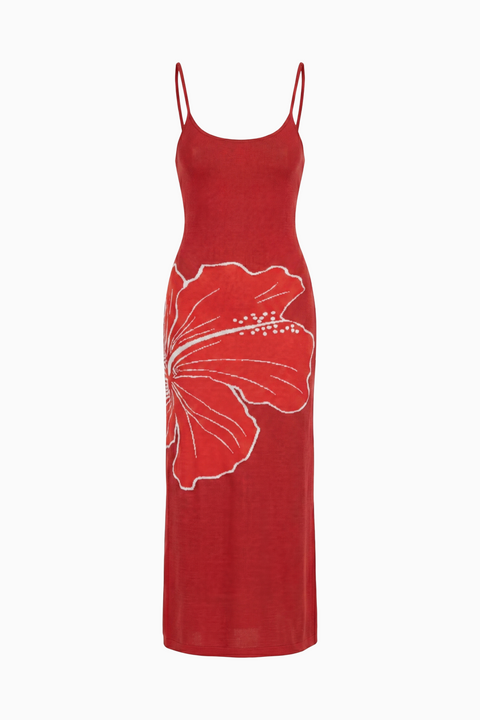 Red Hibiscus Print Slip Maxi Dress