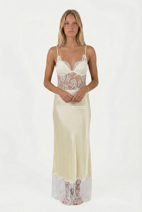 Ivory Lace-Trim Slip Maxi Dress