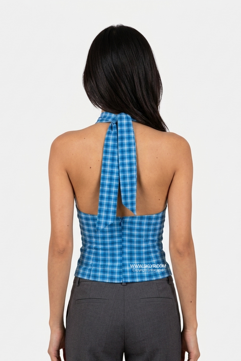 Retro Blue Tartan Halter Top