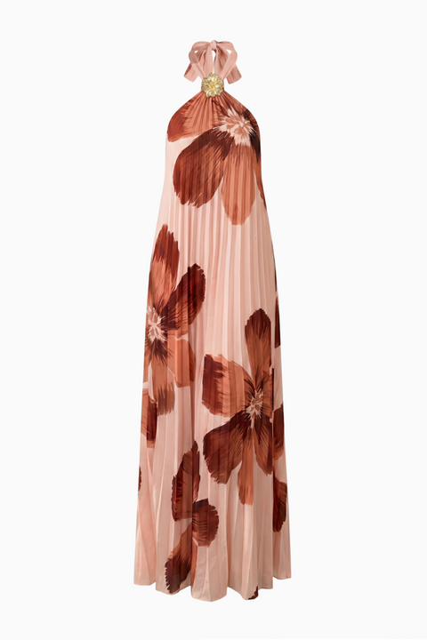 Navy Pleated Floral Halter Maxi Dress