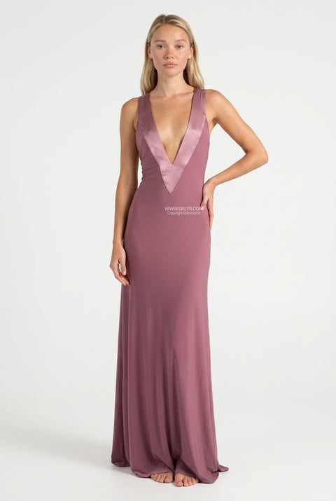 Mauve Deep V-Neck Satin Maxi Dress