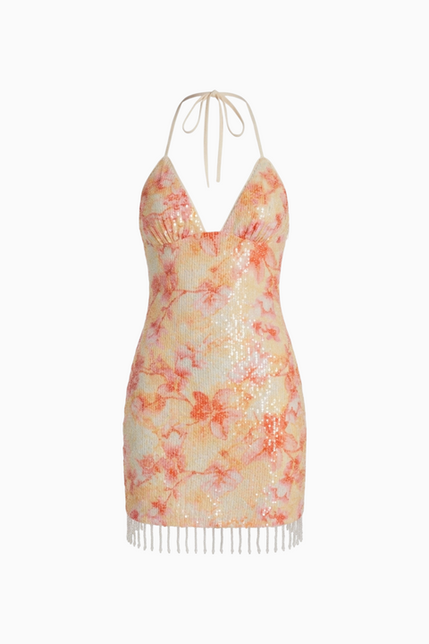 Peach Floral Sparkle Beaded Hem Dress