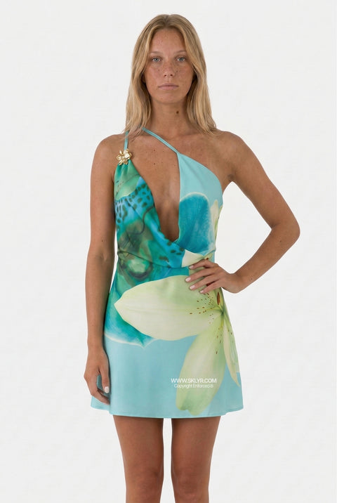 Turquoise Floral Cowl Neck Mini Dress