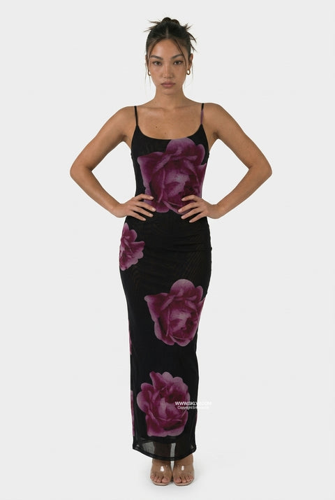 Black Deep Pink Rose Print Maxi Dress