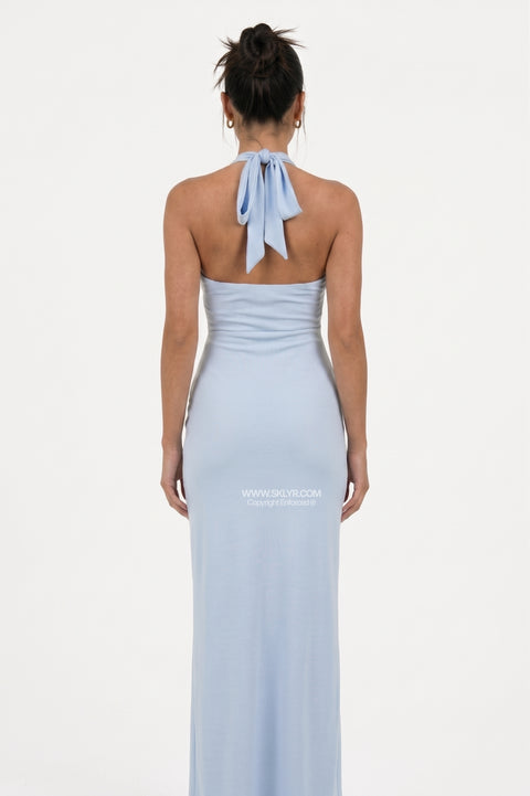 Light Blue Halter Neck Maxi Dress with Front Slit