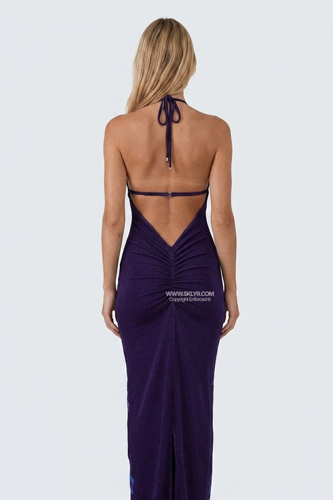 Midnight Bloom Halter Maxi Dress