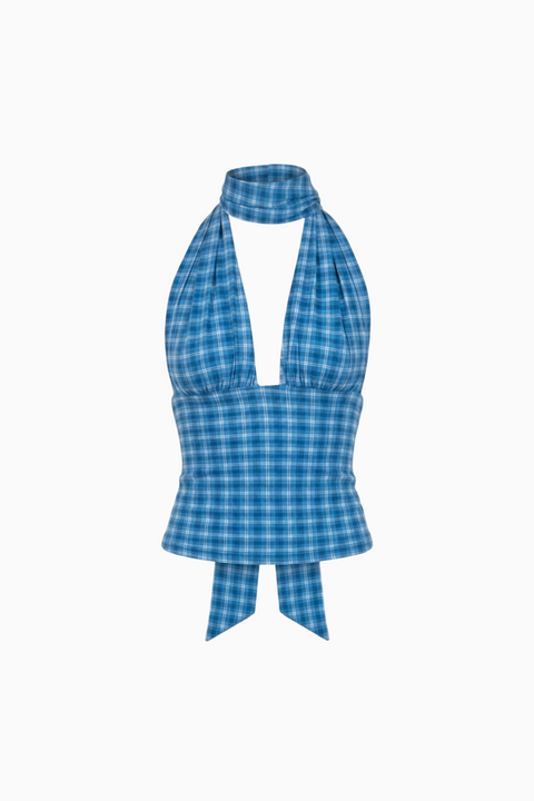 Retro Blue Tartan Halter Top
