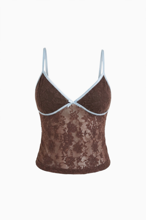 Brown Floral Satin Spaghetti Top