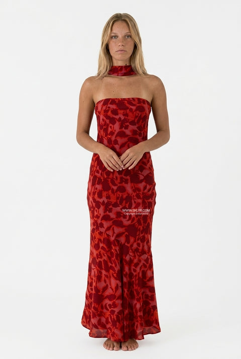 Red Satin Column Maxi Dress