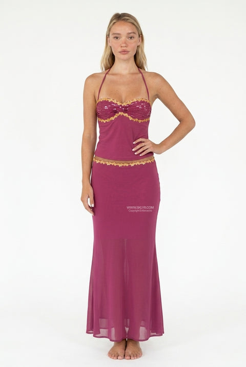 Burgundy Halter Maxi Set