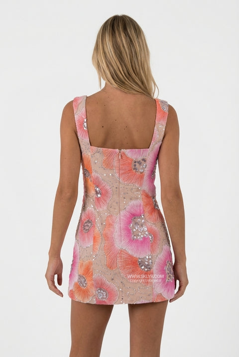 Pink Floral Sequin Slip Mini Dress