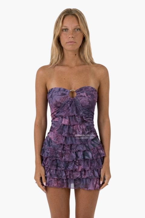 Purple Floral Ruffled Strapless Mini Dress