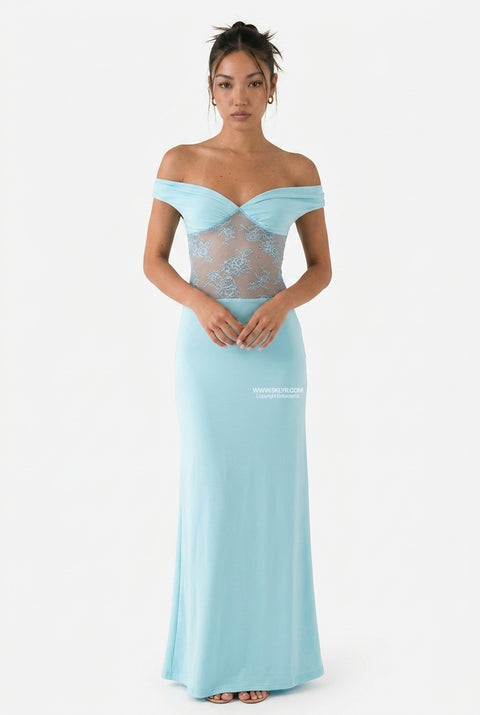 Ice Blue Off-The-Shoulder Maxi Dress