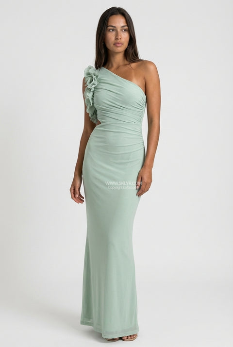 Mint Green One-Shoulder Ruffle Cutout Maxi Dress