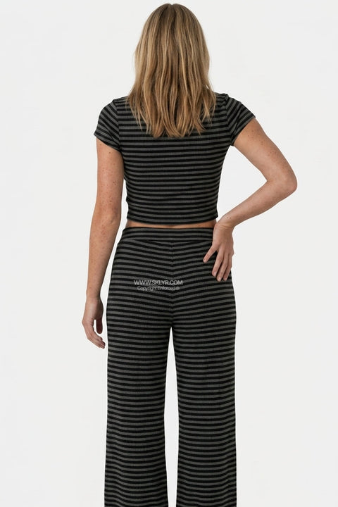 Charcoal Striped Button-Down Loungewear Set