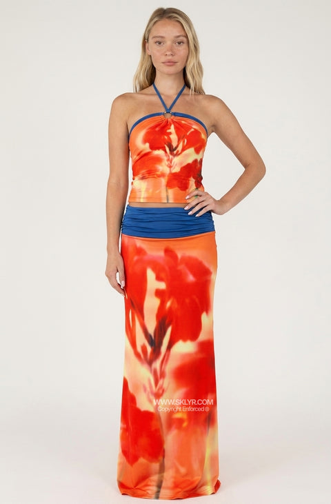 Orange Floral Halter Maxi Set
