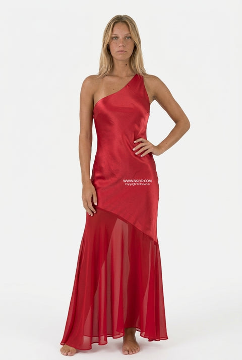 Vivid Red Fitted Satin Maxi Dress