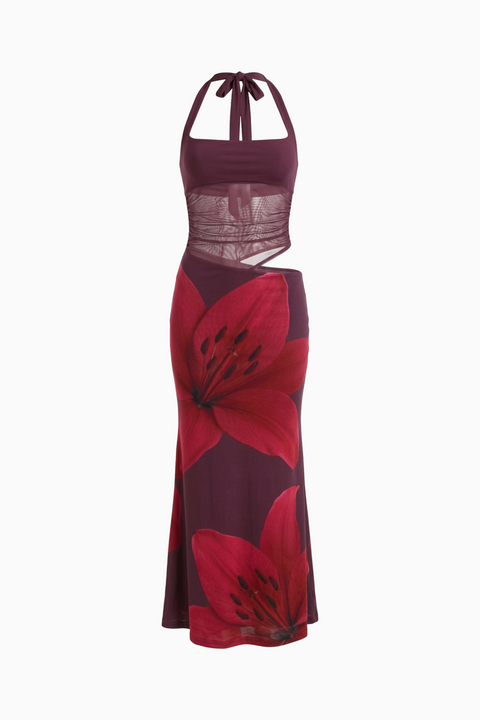 Burgundy Floral Satin Maxi Dress